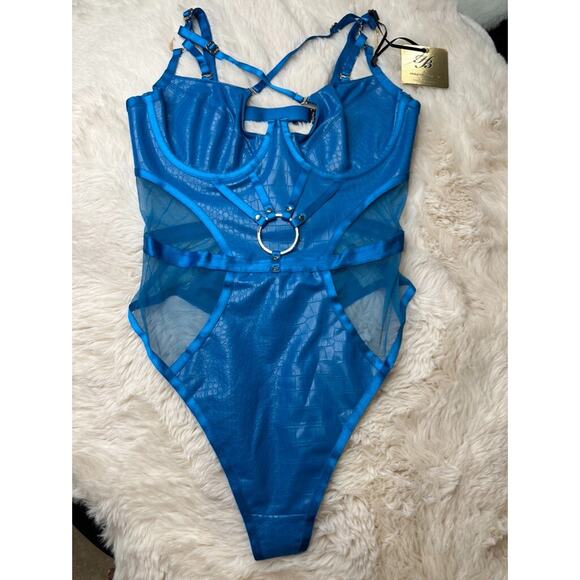 Honey Birdette MISTRESS T💙 Peacock Blue Faux Leather Bodysuit 32DD - Picture 2 of 6
